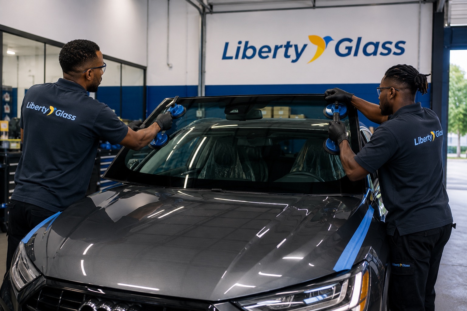 Techniciens Liberty Glass posant un pare-brise neuf dans l'atelier du Lamentin en Martinique