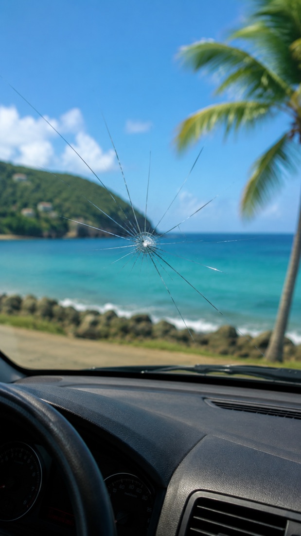 Impact sur un vitrage automobile vu depuis l'habitacle, face à une plage de Martinique
